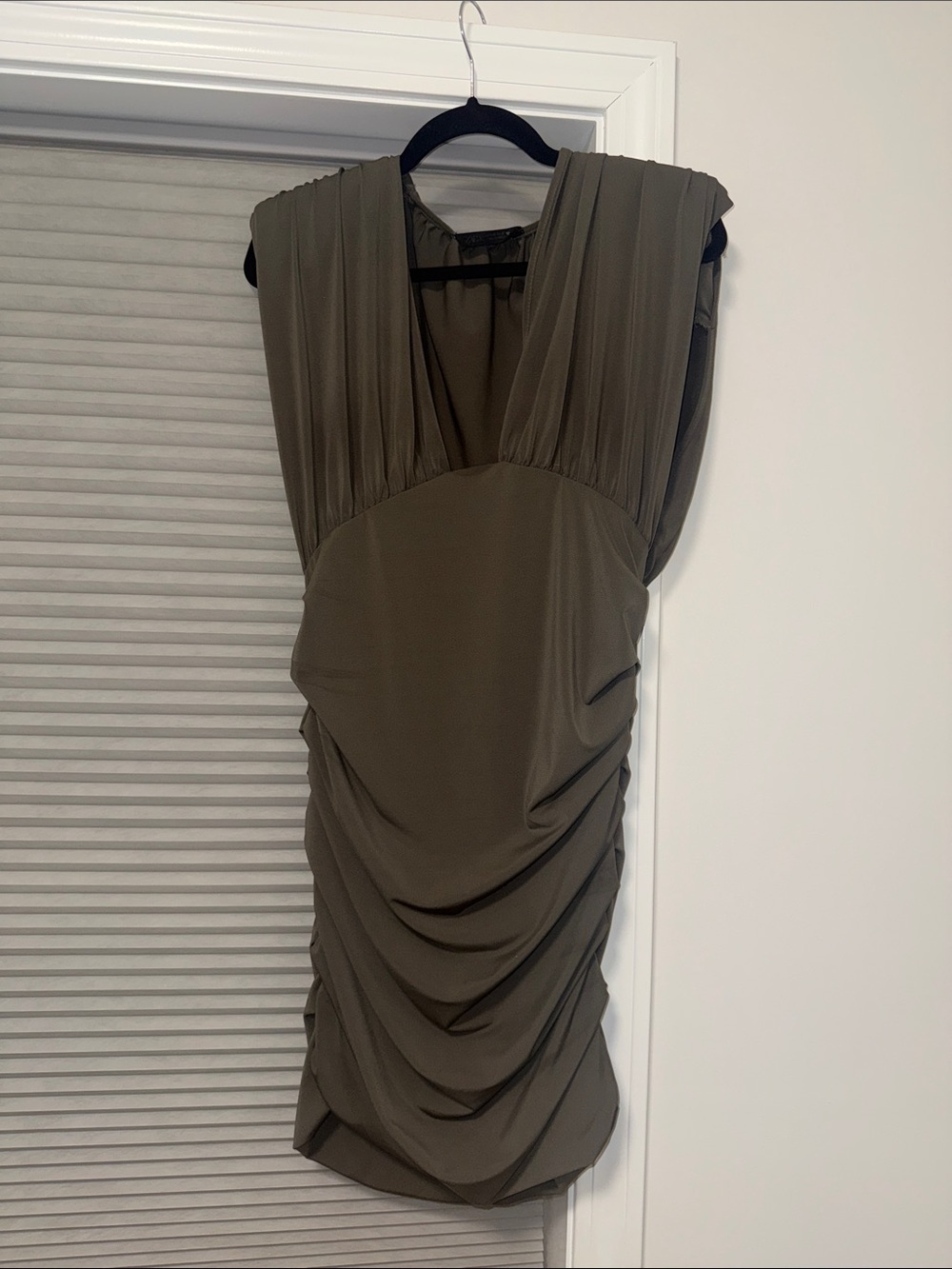 Zara Olive Green Pleated V-Neck Mini Dress